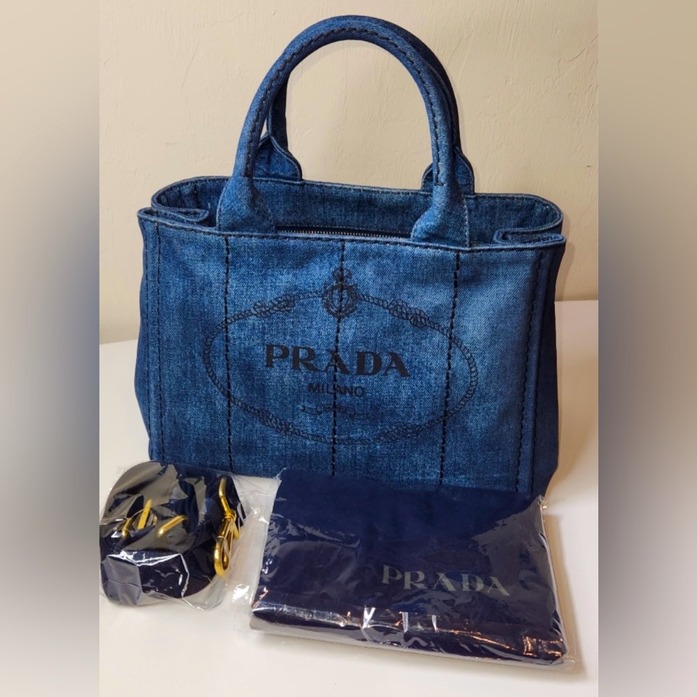 PRADA DENIM Canapa bag with shoulder strap! Like new! COA included/Posh authen!